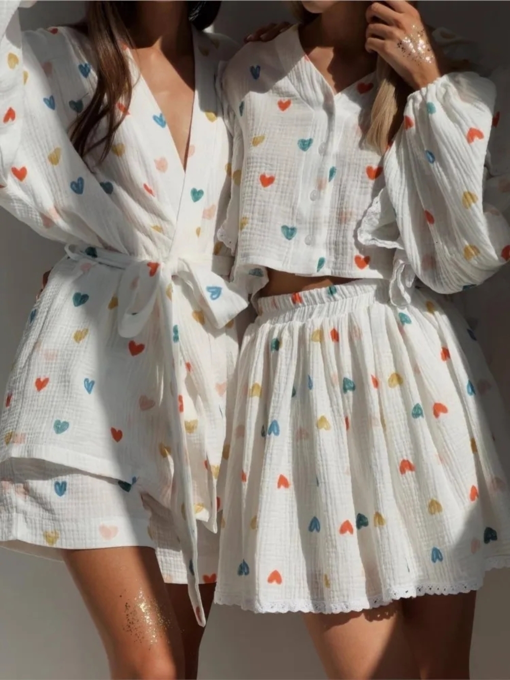 White Heart-Print Button Shirt with Matching Shorts - Picture 3 of 4